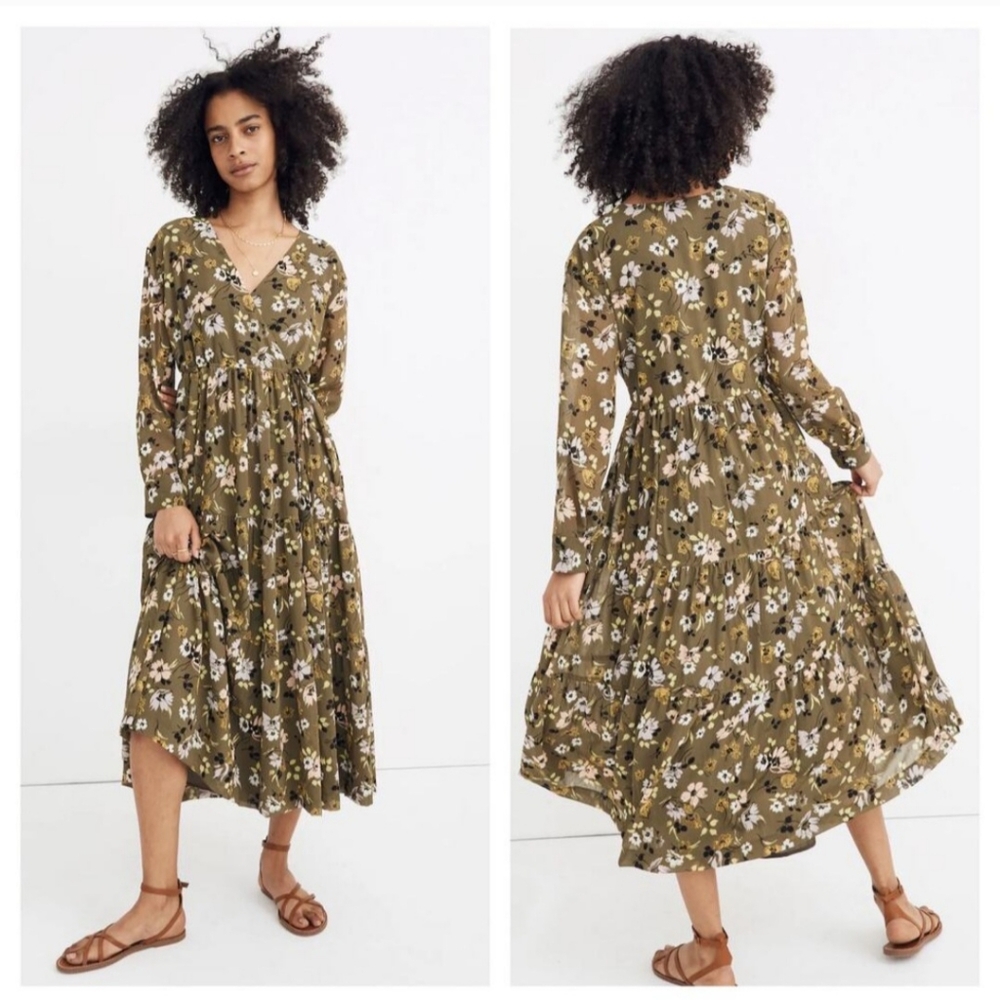 Madewell Cinch-waist Tiered Green Floral Dress